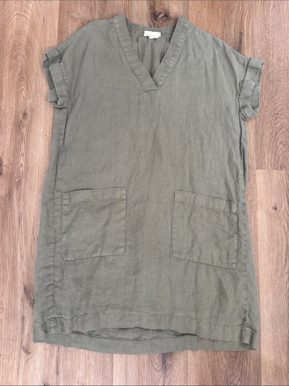 Lou & Grey Casual Olive Linen V-Neck Tunic Dress 100% linen XS